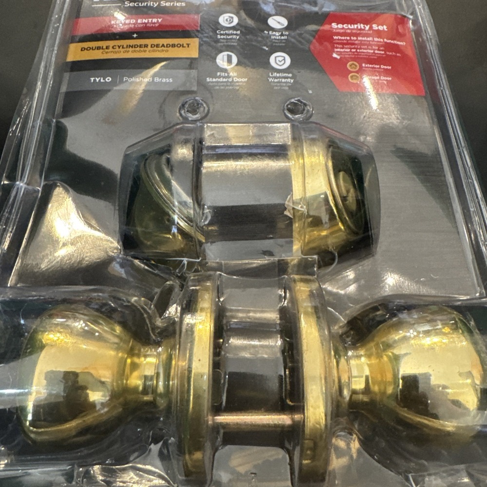 Kwikset Tylo Polished Brass Entry Door‎ Knob and Dbl Cyl Deadbolt 96950-163